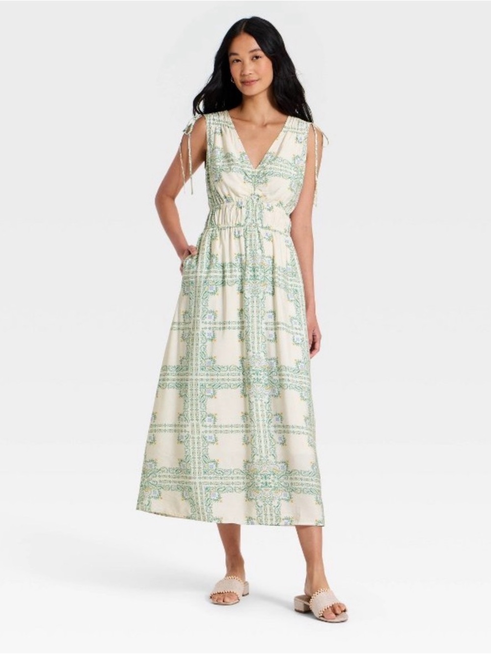 NWOT - A New Day Cream & Green Midi Dress - XL